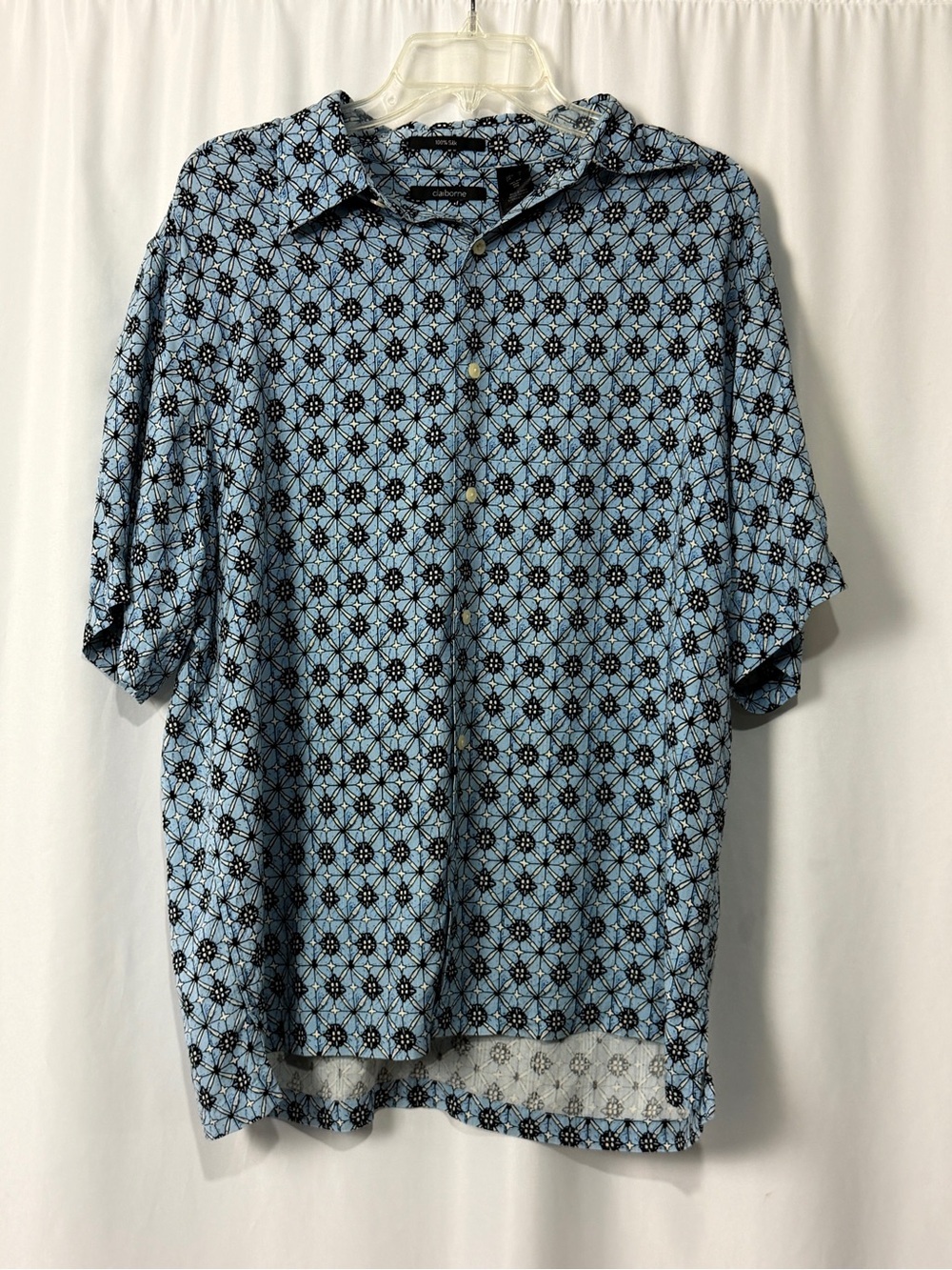 Vtg Claiborne Mens Sz L Blue Geometric Silk Short Sleeve Button Up Shirt